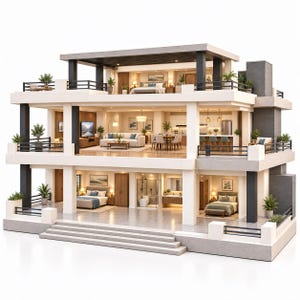 May include: A three-story architectural model of a modern house featuring an open floor plan, multiple bedrooms, a kitchen, a living area, and balconies with black railings. The structure includes interior lighting, furniture, and plants.