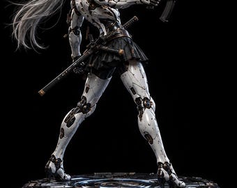 May include: A white and black robotic figure with long silver hair, wearing a cat-eared mask and a pleated skirt, stands on a circular mechanical base. The figure holds a black firearm that is firing, with a katana sheathed at the waist.