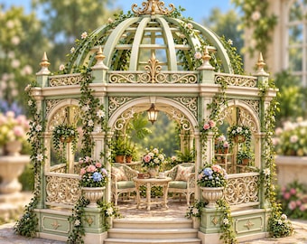 Puede incluir: Un cenador de color verde salvia y crema con techo abovedado, barandillas de metal ornamentadas y remates decorativos. La estructura está adornada con enredaderas y flores blancas, e incluye dos sillas de mimbre y una mesa con arreglos florales.