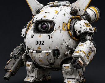 May include: A spherical white and yellow mechanical robot figure with weathered detailing, featuring the text D02 on the front, a large central camera lens, two pointed top fins, a heavy arm-mounted cannon, and a bulky articulated left arm.