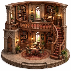 Könnte beinhalten: Ein zweistöckiges Miniatur-Bibliotheksdiorama mit Steinwänden, holzernen Bücherregalen voller Bücher, einer Wendeltreppe mit rotem Läufer, einem runden Tisch mit Stühlen und einem Balkon. Die Struktur umfasst Bogenfenster, Wandlaternen und Topfpflanzen.