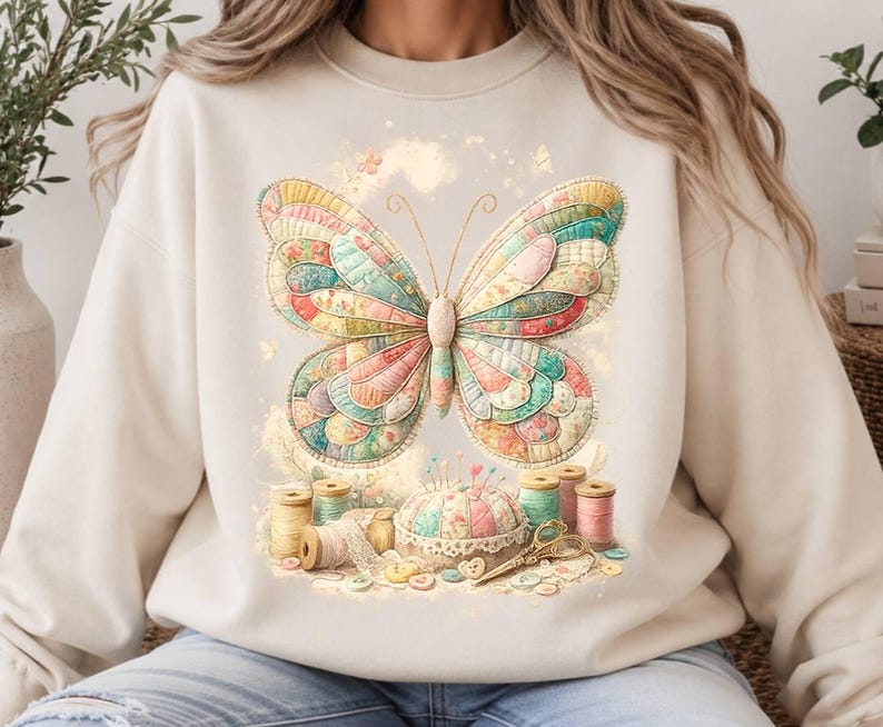 May include: A beige crewneck sweatshirt featuring a large, colourful butterfly graphic composed of quilted fabric patterns. Below the butterfly are sewing supplies including spools of thread, a round pincushion, lace trim, and small buttons.