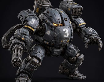May include: A dark gray mechanical robot suit featuring the number 3 on its chest and shoulders. It is equipped with a multi-barreled gatling gun on the right arm, a claw on the left, a missile launcher on the shoulder, and a glowing yellow visor.