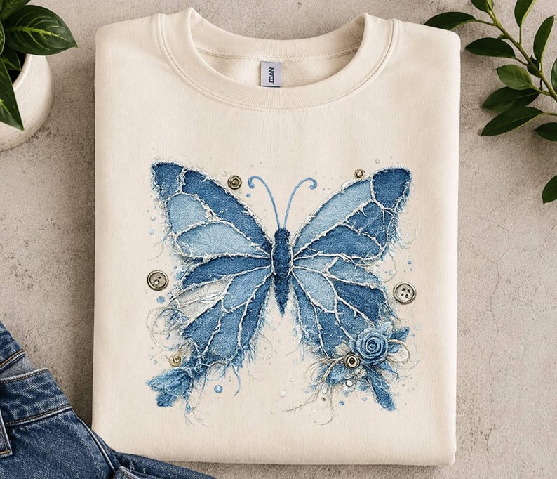 K&ouml;nnte beinhalten: Ein cremefarbenes Sweatshirt mit Rundhalsausschnitt und einer gro&szlig;en Grafik eines blauen Schmetterlings. Das Schmetterlingsdesign besteht aus ausgefransten Jeansstoff-Applikationen, verziert mit kleinen Metallkn&ouml;pfen und einer Stoffrose.