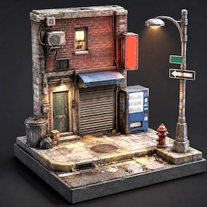 Könnte beinhalten: Ein Miniatur-Diorama einer städtischen Straßenecke mit einem roten Backsteingebäude, einer grünen Tür, einem blauen Rolltor, einem blauen Verkaufsautomaten, einer Straßenlaterne, einem Hydranten, einem Mülleimer und einem Kanaldeckel auf dem Gehweg.