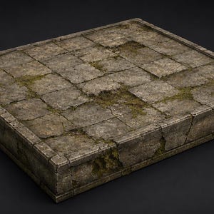 Puede incluir: Una plataforma cuadrada elevada que presenta una cuadrícula de baldosas de piedra agrietadas y desgastadas en tonos grises y marrones. La superficie muestra signos de antigüedad con parches de musgo verde creciendo en las grietas.