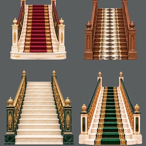 May include: Four distinct staircases featuring ornate railings and posts. One has a red carpet on white steps, one a patterned runner on wood steps, one plain white marble steps with green railings, and one a green carpet on white steps.