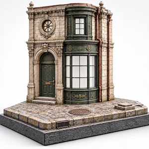 May include: A miniature architectural model of a stone building facade featuring a dark green door, a curved storefront window, and a circular window above. The structure sits on a cobblestone base with a drain grate and a circular manhole cover.