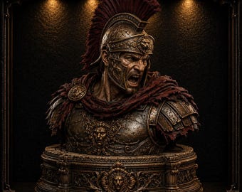 Puede incluir: Un busto de tono bronce de un soldado romano con un casco ornamentado con una cresta roja oscura y una capa a juego. La figura presenta una coraza detallada con un motivo de león central, sobre un pedestal circular con tallas.