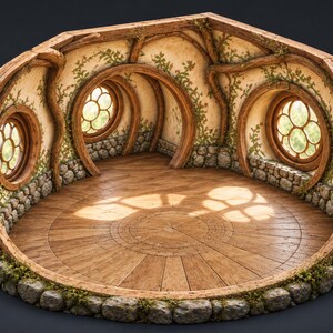Pode incluir: Um diorama de sala circular com paredes de madeira curvas, três janelas redondas com molduras de treliça e um piso de madeira castanho-claro. A estrutura inclui detalhes de base em pedra, trepadeiras verdes e vigas de madeira arqueadas.