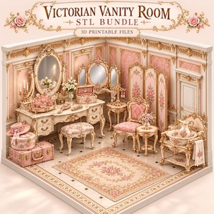 Victorian Vanity STL Bundle, Elegant Dressing Table Furniture, Mirror Stool Perfume & Beauty Accessories, Dollhouse Miniature 3D Files