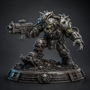 Könnte beinhalten: Eine grünhäutige Ork-Miniaturfigur in schwerer, stacheliger Metallrüstung und Helm. Die Figur hält eine große, detaillierte Schusswaffe in der rechten Hand und steht auf einem runden Sockel, der mit verstreuten Schädeln und Trümmern verziert ist.