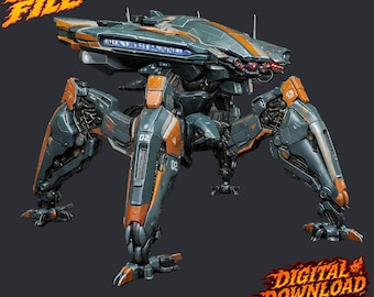 May include: A multi-legged robotic walker with a dark blue and orange color scheme, featuring mechanical joints, exposed wiring, and the number 02 on its legs. The text STL FILE and DIGITAL DOWNLOAD not a physical item appear in the corners.