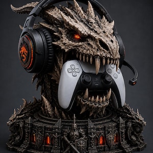 Könnte beinhalten: Eine braune Drachenkopfskulptur, die einen schwarzen Gaming-Kopfhörer mit orangefarbenen Akzenten trägt und einen weiß-schwarzen Gamecontroller im Maul hält. Der Sockel zeigt ein dunkles Festungsdesign mit kleinen Ritterfiguren und rotem Licht.