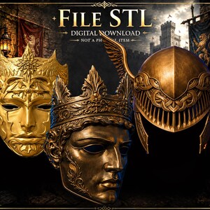 May include: Three gold-toned digital 3D models of headgear: a winged mask, a detailed crown-topped face mask, and a winged helmet. The image includes the text File STL Digital Download Not a Physical Item in a decorative frame.