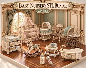 Victorian Baby Nursery STL Bundle, Vintage Nursery Furniture, Crib Changing Table Rocking Chair & Baby Accessories, Dollhouse 3D Files