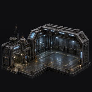May include: A dark gray industrial hangar structure labeled BAY 01, featuring a metallic floor, reinforced walls with recessed blue lighting, a satellite dish, and tall antennas. The open-fronted bay has a metal railing along the perimeter.
