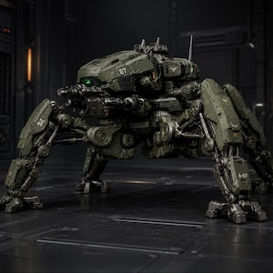 Peut inclure: Un véhicule de combat robotique à plusieurs pattes de couleur vert olive, doté d'une tourelle centrale avec deux canons montés, des membres mécaniques articulés et le numéro 07 imprimé sur le côté. La machine a une finition métallique patinée.