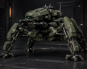 May include: An olive green multi-legged robotic combat vehicle featuring a central turret with dual mounted cannons, articulated mechanical limbs, and the number 07 printed on the side. The machine has a weathered metallic finish with visible joints.