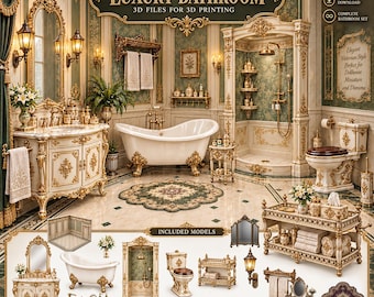 Victorian Bathroom STL Bundle, Luxury Bathroom Furniture 3D Models, Ornate Bathtub Sink Mirror & Accessories, Printable STL Files