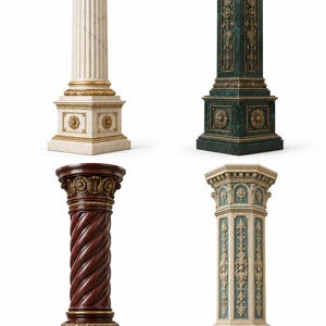 May include: Four decorative pedestals featuring distinct designs. One white fluted column with gold accents, one dark green square pillar with gold floral reliefs, one dark wood twisted column, and one light blue and cream hexagonal pedestal.