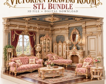 Victorian Drawing Room STL Bundle, Elegant Parlor Furniture, Sofa Chairs Table Fireplace & Decor, Dollhouse Miniature 3D Files