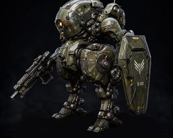 Op de afbeelding: Een olijfgroene mechanische robotfiguur met het label X-03, voorzien van een ronde kop met een gloeiend geel oog, een robuuste romp en gelede benen. Het houdt een geweer met een lange loop in de ene hand en een groot, rechthoekig schild in de andere.