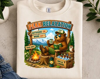 Camping Bear T Shirt Design Png, Mountain Life, Hiking Adventure, Peak Relaxation (DTF Transfer)