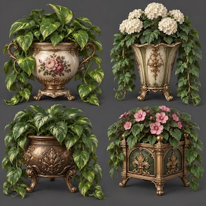 May include: Four decorative planters with ornate gold-toned bases and intricate detailing. The collection includes two round urns with floral motifs, one fluted vase with white hydrangea, and one square planter with pink flowers and trailing green foliage.