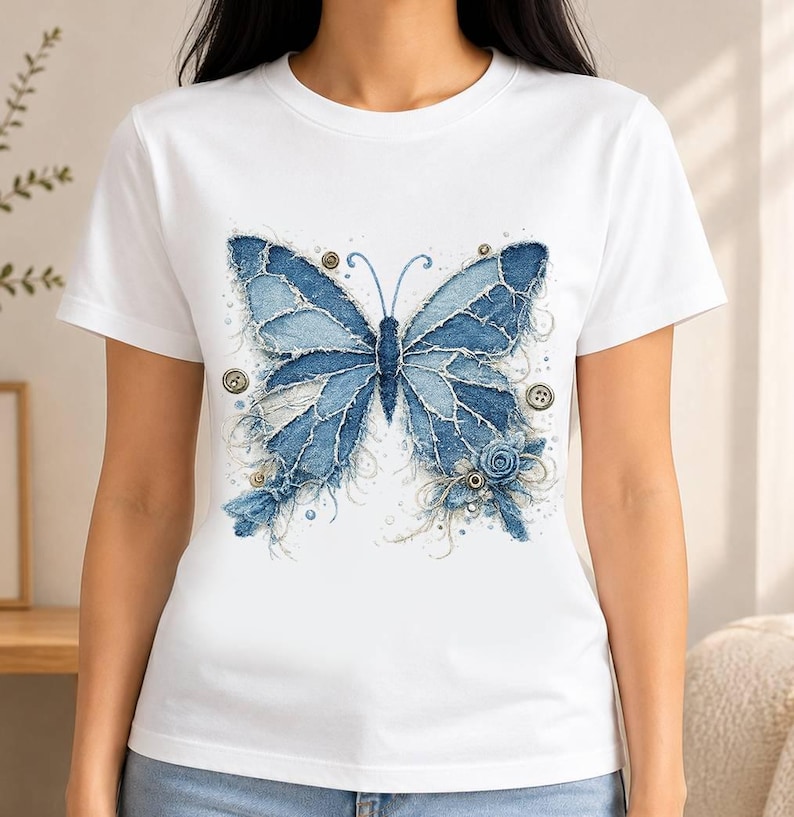 Patchwork Schmetterling T-Shirt Design Png, bunte gesteppte Schmetterling Sublimation, Boho Grafik T-Shirt Bild 4