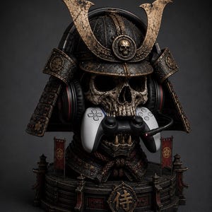Puede incluir: Un busto decorativo que presenta un cráneo humano con un casco de samurái oscuro y desgastado con un emblema de calavera. El cráneo lleva auriculares de juego negros con micrófono y sostiene un mando de juego blanco y negro en la boca. La base muestra el kanji japonés para samurái.