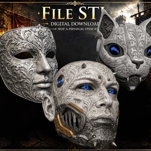 May include: Three masks featuring intricate floral scrollwork engravings. One is a human face mask, one is a cat-shaped mask with glowing blue eyes, and one is a cyborg-style human face mask with blue eye lights and metallic gold accents.