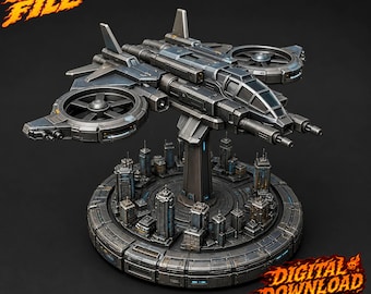 May include: A grey sci-fi aircraft model with dual rotors and a cockpit, mounted on a central pillar above a circular base featuring a miniature city landscape. The image includes the text STL FILE and DIGITAL DOWNLOAD not a physical item.