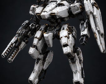 Op de afbeelding: Een witte en donkergrijze tweebenige mechanische robot met een verweerde afwerking, een groot wapen met meerdere lopen aan de rechterarm, een schild aan de linkerarm en een cirkelvormige sensor op de bovenkant van de romp met zichtbare gewrichten.