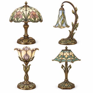 Peut inclure: Quatre lampes de table avec des bases en métal couleur bronze ornées de motifs floraux et de feuilles. Les lampes présentent des abat-jours en vitrail de formes variées, incluant des designs en dôme, cloche, tulipe et hexagonal, aux tons crème, violet, vert et bleu.