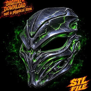 Könnte beinhalten: Eine futuristische Metallmaske in Dunkelgrau mit leuchtend grünen Akzenten. Die Maske weist aufwendige Details und eine rissige Textur auf. Der Text lautet "DIGITALER DOWNLOAD kein physischer Artikel" und "STL-DATEI".