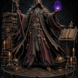 May include: A hooded figure with a long white beard wearing a tattered dark robe, holding a staff in one hand and a glowing purple orb of energy in the other. The figure stands on a circular platform surrounded by stacks of books, candles, and a skull.