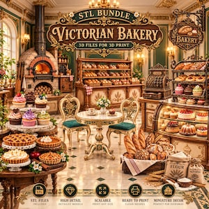 Peut inclure: Une collection numérique de fichiers imprimables en 3D pour une scène de boulangerie victorienne. L'image montre un intérieur de boulangerie détaillé avec un four en pierre, des étagères à pain, une caisse enregistreuse et des vitrines.