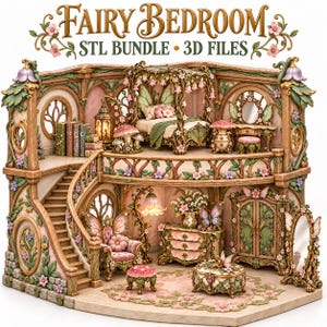 Peut inclure: Un ensemble de chambre de maison de poupée à deux étages avec le texte FAIRY BEDROOM STL BUNDLE 3D FILES. Il comprend un lit à baldaquin, un escalier, une armoire, une coiffeuse, un miroir, des chaises et des décors de champignons aux tons rose, vert et bois.