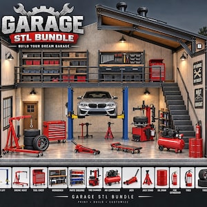 Peut inclure: Un ensemble de modèles 3D numériques intitulé GARAGE STL BUNDLE représentant un atelier à deux étages avec une voiture argentée sur un pont élévateur bleu, des servantes rouges, un démonte-pneu, un compresseur et des étagères.