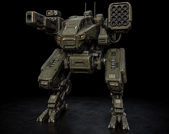 May include: An olive green bipedal combat robot featuring a central cockpit with glowing yellow lights, a large cannon on the left shoulder, and a multi-tube missile launcher on the right. The legs are marked with the number 08 on both sides.
