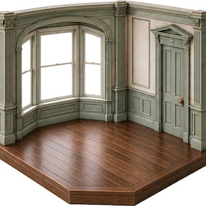 May include: A miniature room corner display featuring sage green wainscoting, fluted columns, and a bay window. The structure includes a single door with a brass-colored knob and a dark brown wooden floor, all set within a classic architectural frame.