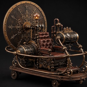 May include: A complex mechanical chair featuring a tufted dark brown leather seat, surrounded by brass piping, gears, and gauges. A large circular decorative backplate sits behind the chair, with a small glowing lamp and metal wheels at the base.