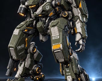Op de afbeelding: Een grote, gepantserde mechanische robot met een olijfgroen en wit kleurenschema met gele accenten. Het chassis is gemarkeerd met de tekst XM-03. Het heeft een complex ontwerp met zichtbare gewrichten en gloeiende oranje ronde lichten.