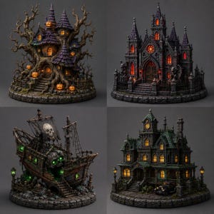 Puede incluir: Una colección de cuatro estructuras en miniatura que incluye una casa integrada en un árbol con calabazas, una catedral gótica con gárgolas, un barco pirata con calavera y una mansión con un coche antiguo, todos con ventanas iluminadas.