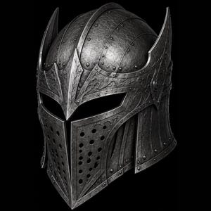 May include: A detailed, metallic knight's helmet with a dark, textured finish. The helmet features intricate embossed designs, rivets, and pointed elements, with a visor perforated with small holes. The overall design suggests a medieval or fantasy theme.