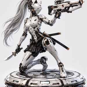 以下が含まれることがあります： 長い白髪と猫耳のマスクをつけたロボットフィギュア。黒いスカートと、暗い機械的な関節を持つ白い装甲を身に着けている。未来的なライフルと刃物を持ち、円形の光る台座の上に膝をついている。