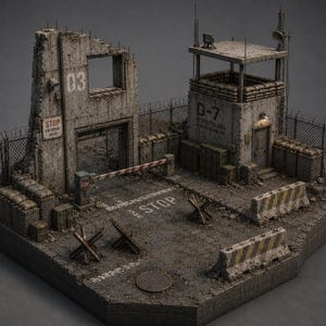 Puede incluir: Un diorama en miniatura de un puesto de control militar postapocalíptico con un muro de hormigón en ruinas etiquetado como 03, una torre de vigilancia marcada como D-7, una barrera a rayas rojas y blancas, alambre de espino y sacos de arena.