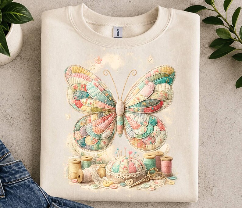 May include: A cream-coloured crewneck sweatshirt featuring a central graphic of a large butterfly with multicoloured, quilted-style wings. Below the butterfly are sewing supplies including spools of thread, a pincushion, and metal scissors.