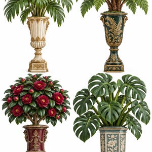 May include: Four potted plants in ornate urns. Top left: palm in a cream and gold urn. Top right: fern in a dark green and gold urn. Bottom left: camellia with red flowers in a burgundy and gold urn. Bottom right: monstera in a blue and white urn.